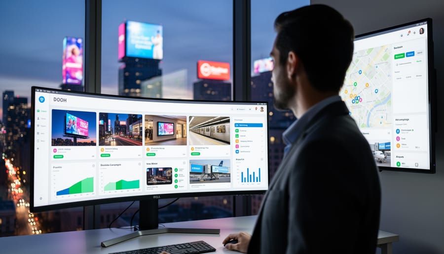 Marketing professional managing digital advertising campaigns on multiple devices