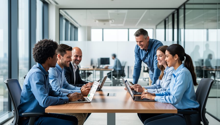 Diverse employees collaborate at a modern office table, using smartphones and laptops under soft daylight, with a blurred open-plan workspace and glass walls in the background