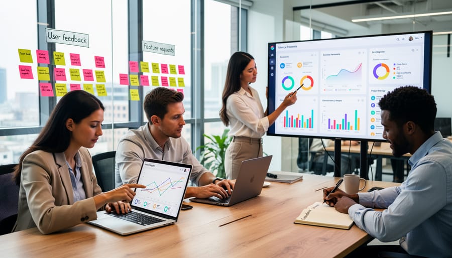 Product development team analyzing feedback and collaborating on improvements