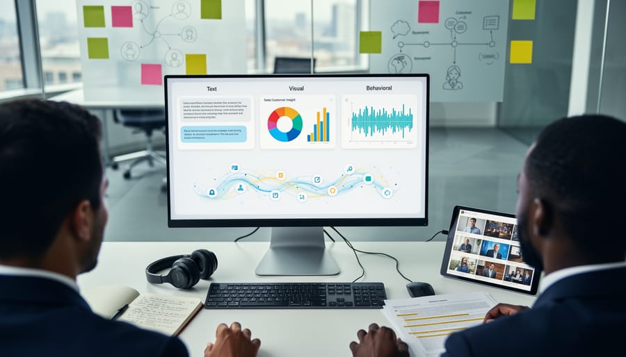 Business desk with smartphone, documents, headphones, and tablet representing different data types