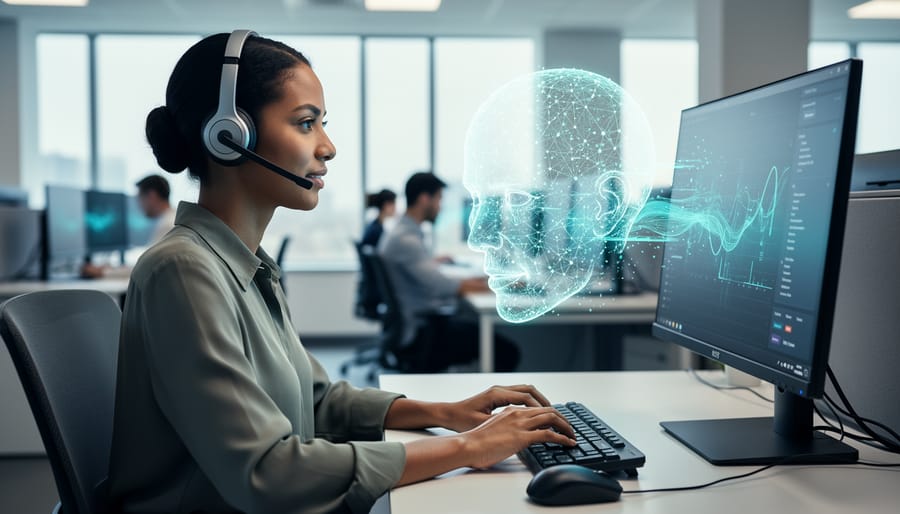 Customer service agent wearing a headset at a desk with a translucent holographic AI network beside the monitor, softly lit office, shallow depth of field, colleagues blurred in the background.