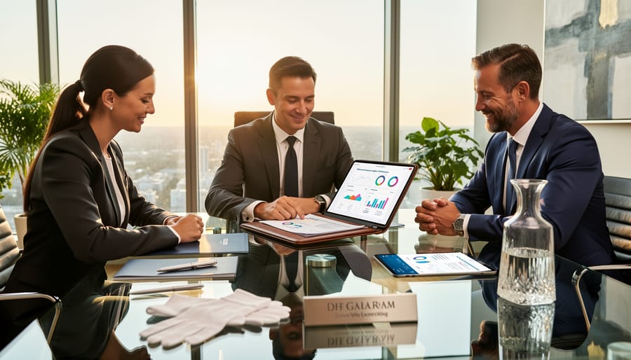 Professional business handshake in modern office with city skyline background