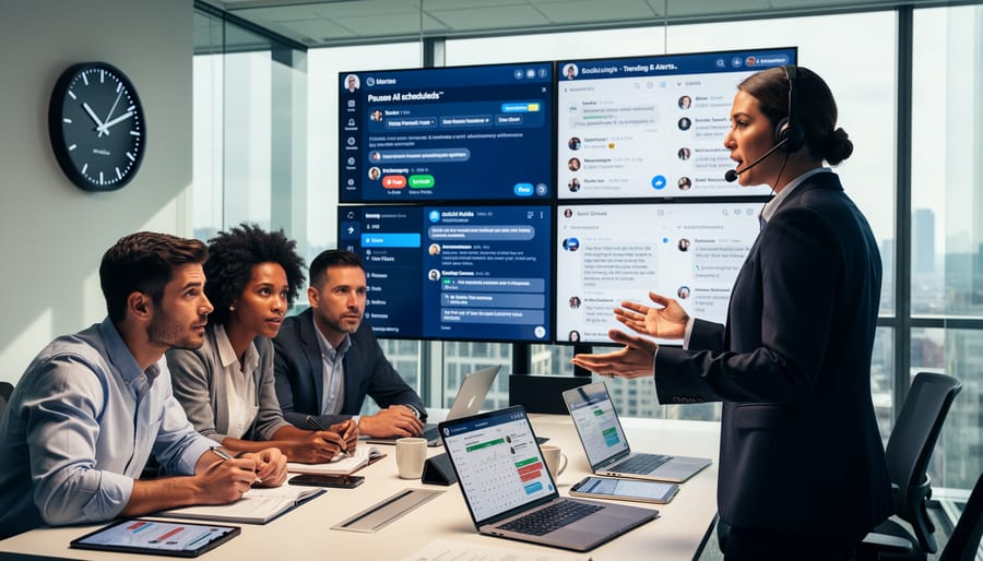 Business professional responding urgently on laptop and smartphone during crisis