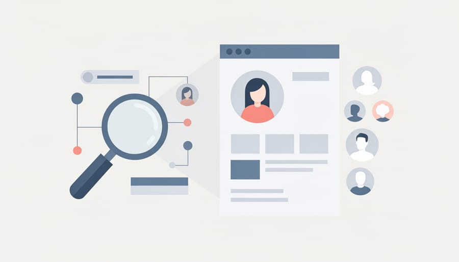 Marketing professional examining smartphone with magnifying glass in office setting