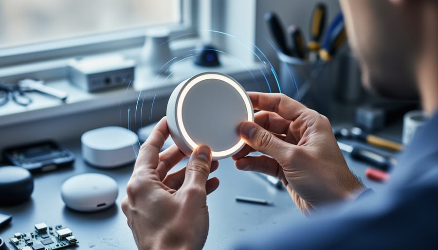Hands adjusting a white smart thermostat with a glowing LED ring on a workbench, blue light trails implying data flow, with blurred IoT devices and tools in a research lab background