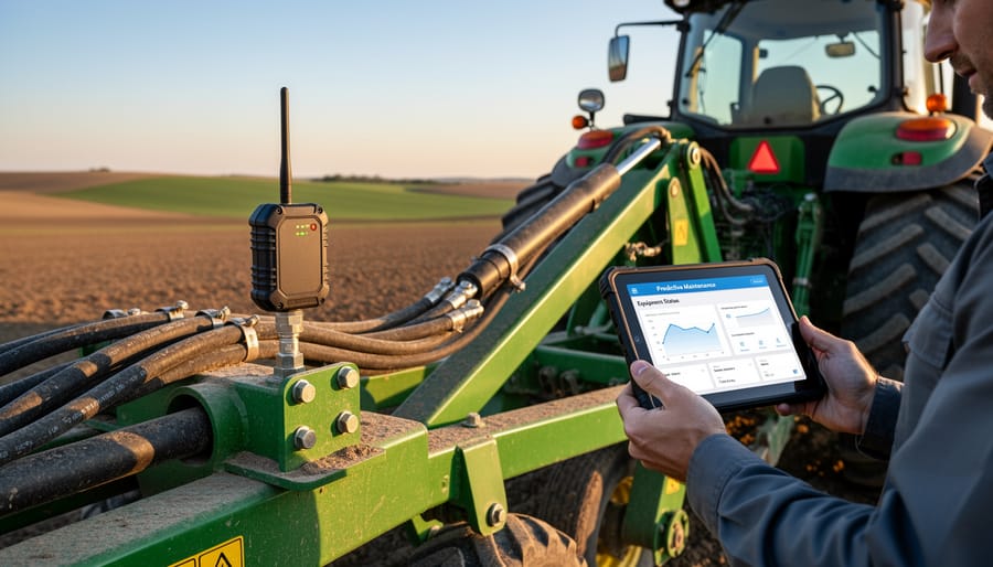 Modern farm tractor equipped with IoT sensors working in agricultural field at sunset