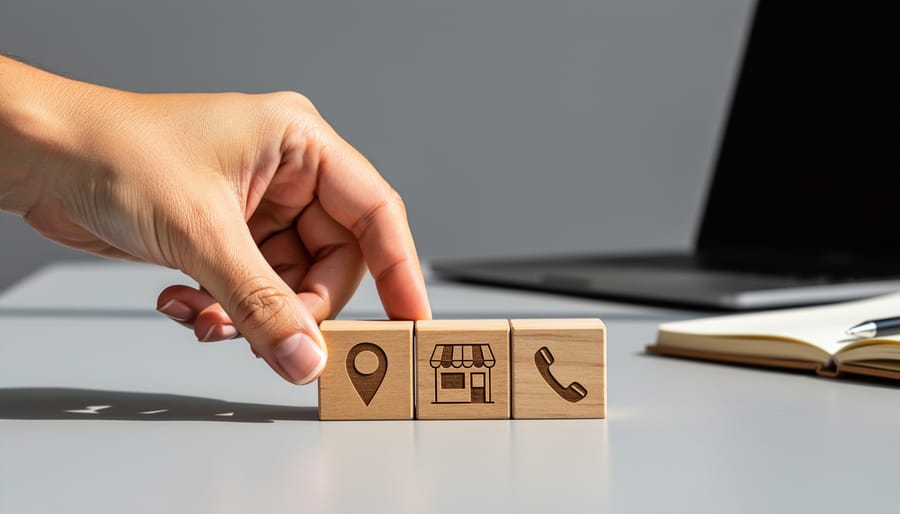 Close-up of a hand aligning three wooden blocks with location pin, storefront, and phone icons on a desk, with a softly blurred laptop in the background.