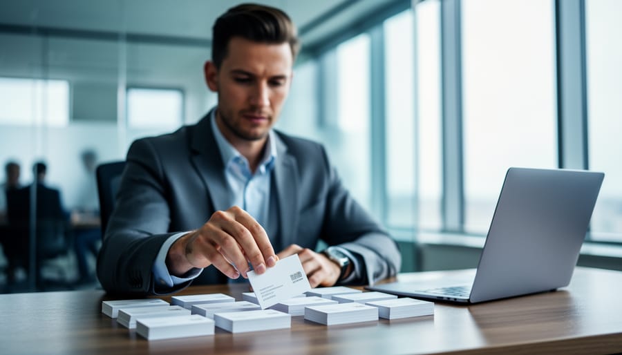 B2B sales professional at a modern desk choosing a card from neatly organized blank stacks, closed laptop nearby, with a blurred open-plan office in the background.