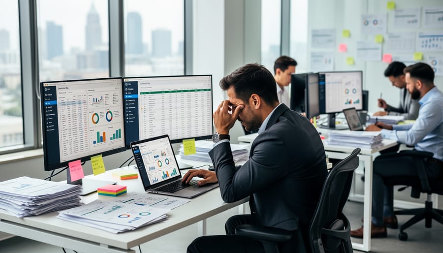 Business professional overwhelmed by manual lead qualification paperwork and spreadsheets