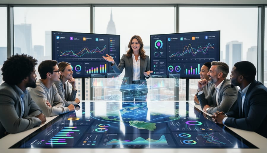 Marketing team collaborating with various digital devices and materials on conference table