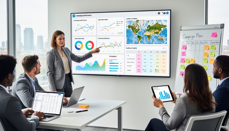 Business team collaborating with digital devices in modern office setting