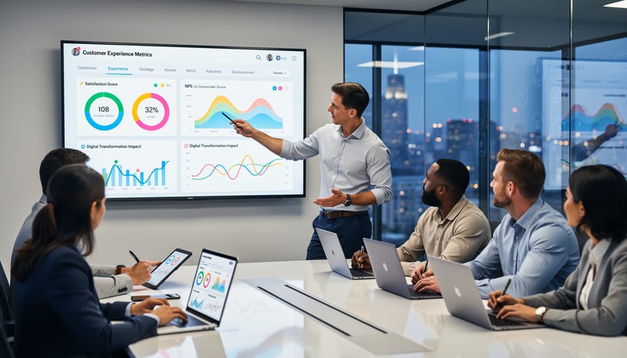 Business professional analyzing customer experience data and feedback on digital device