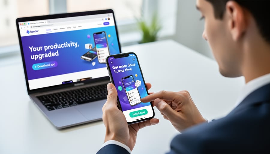 Person installing mobile app with marketing campaign metrics visible