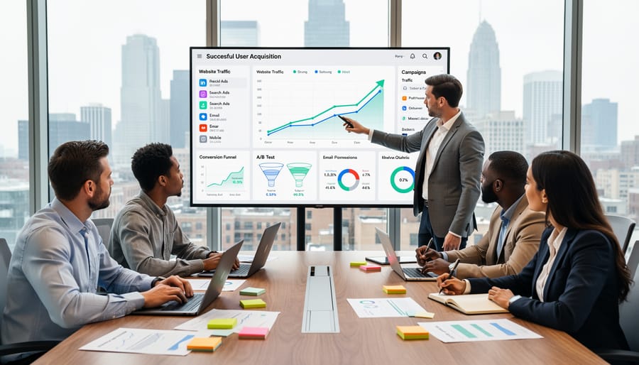 Marketing team collaborating on mobile app user acquisition strategy