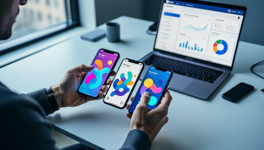 Mobile growth marketer at a desk comparing four smartphones with abstract app screens, sharp focus on hands and devices, soft daylight, and a blurred laptop and monitor showing indistinct analytics in the background