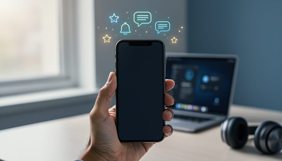 Close-up of a hand holding a smartphone with glowing star, chat, and notification bell icons hovering above the screen, set against a blurred modern office with a laptop and headset.