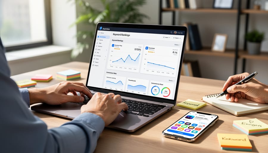 Smartphone displaying mobile app icons held over desk workspace