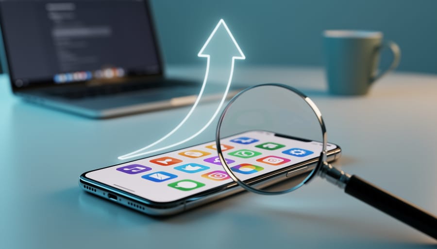 Close-up smartphone displaying unlabeled app icons magnified by a glass lens, with a subtle upward arrow glow, on a blurred minimalist desk with a laptop and coffee cup, symbolizing ASO boosting visibility and downloads.