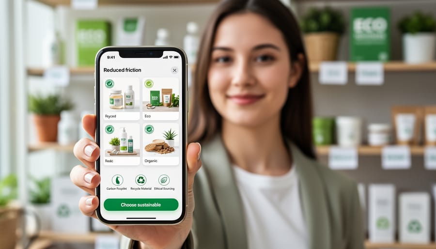 Person holding smartphone with sustainable products visible in background on desk