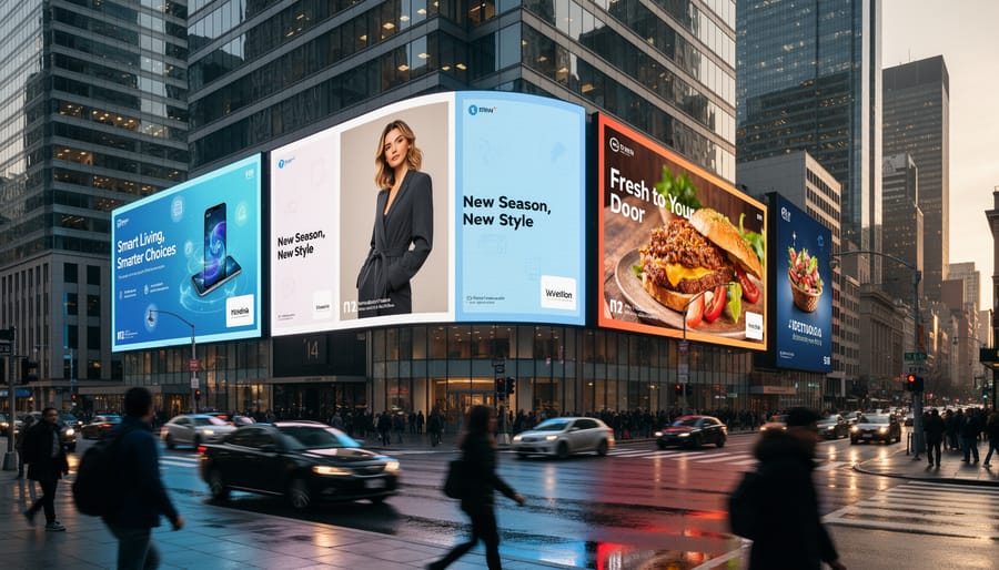 Illuminated digital billboard displaying advertisement on urban street at twilight