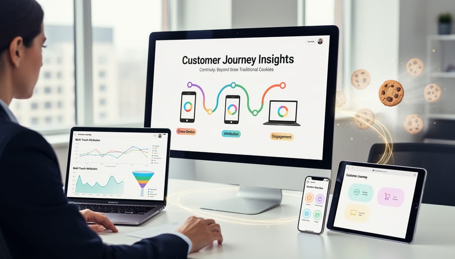 Professional using multiple digital devices representing multi-channel customer journey tracking