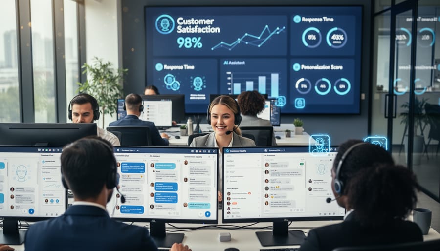 Customer service representative managing multiple conversations across devices