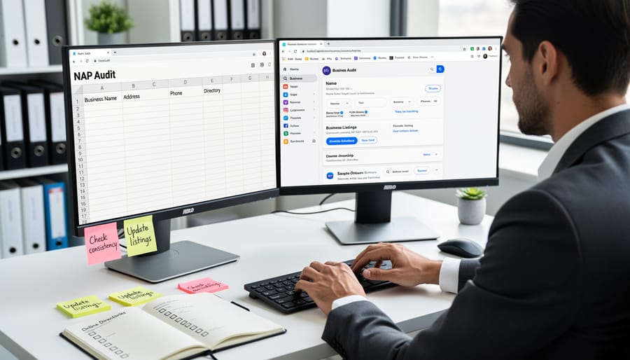Business owner workspace showing multiple devices and directories for conducting NAP consistency audit