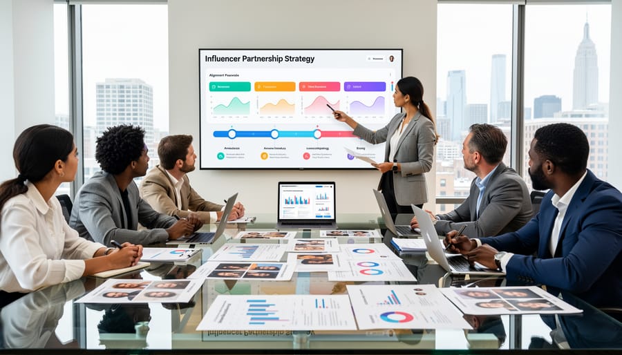Overhead view of business professionals collaborating on partnership strategy documents
