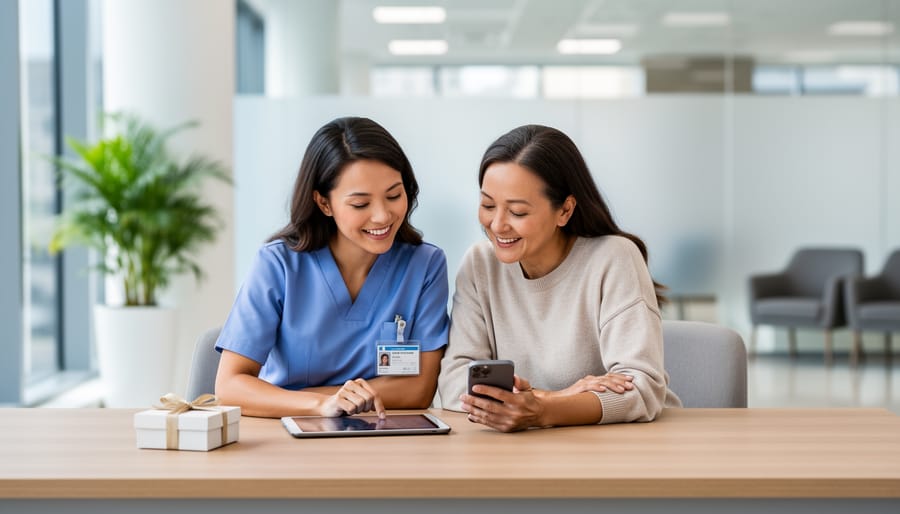Healthcare coordinator and patient seated at a clinic desk reviewing a tablet, with a small gift box on the table and a softly blurred clinic lobby in the background.