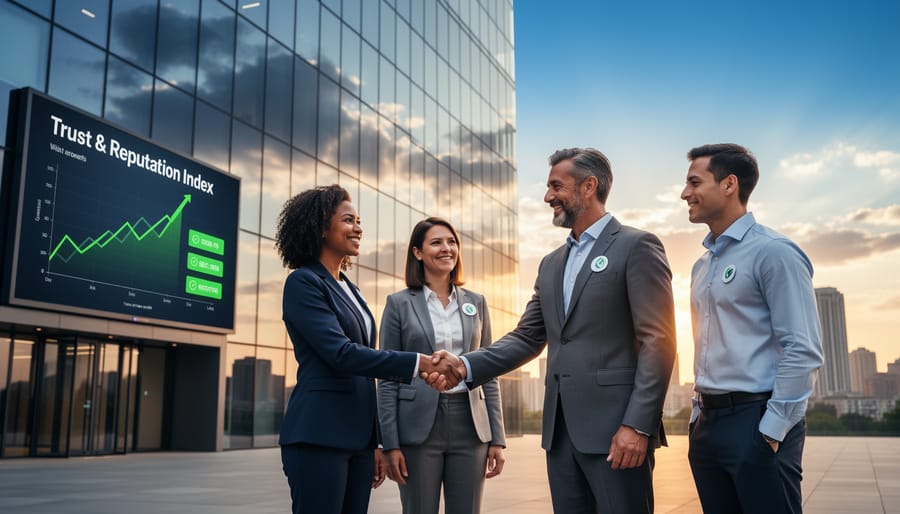 Business professionals shaking hands representing restored trust and successful crisis recovery