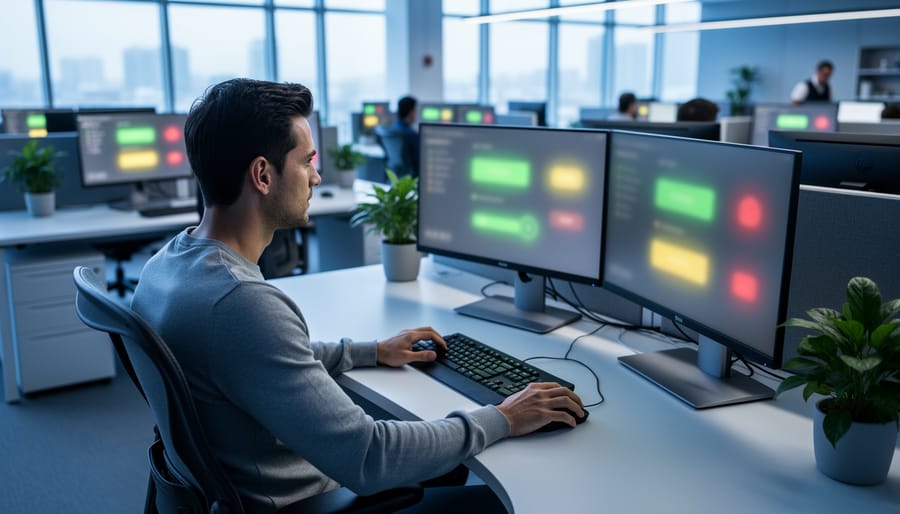 Customer success manager in a modern office viewing multiple monitors with green, yellow, and red indicator glows, soft natural light, shallow depth of field, and a blurred open office with plants in the background; no on-screen text or charts visible.