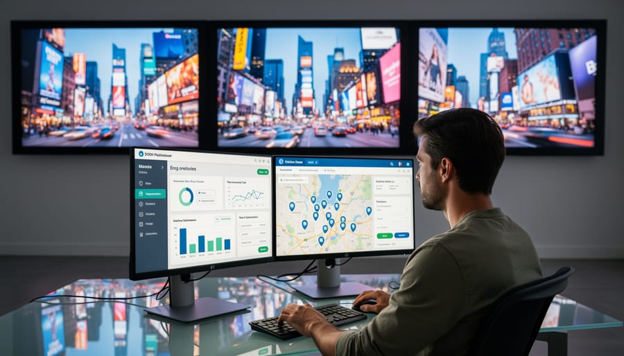 Marketing professional using tablet to manage digital advertising campaign at desk