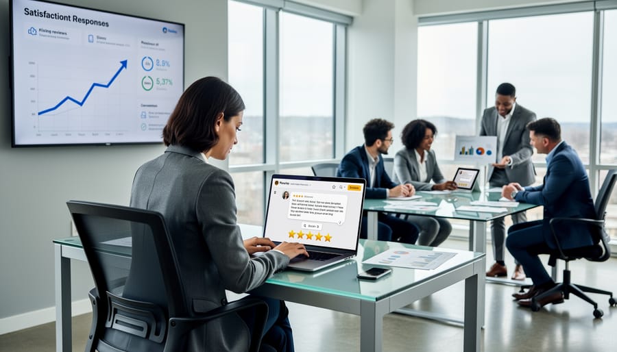 Customer service professional responding to feedback with engaged, positive demeanor