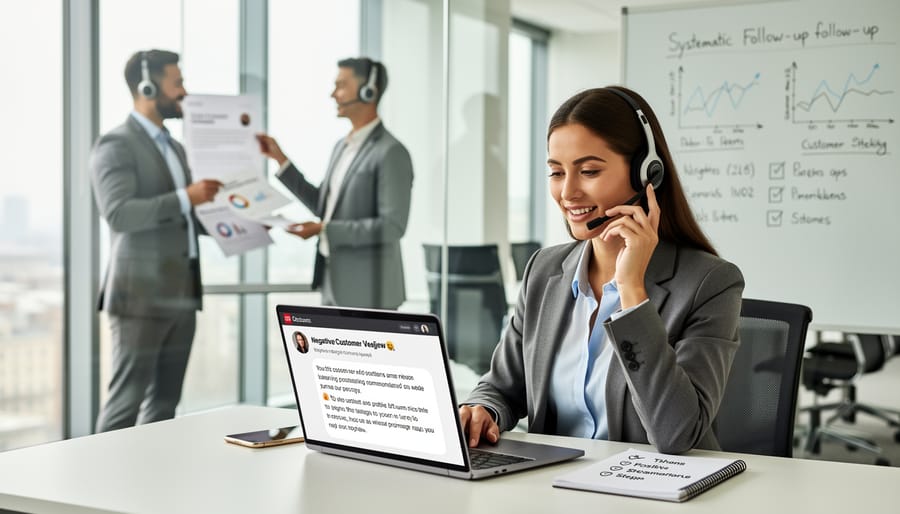 Professional responding to customer reviews on laptop with smartphone nearby