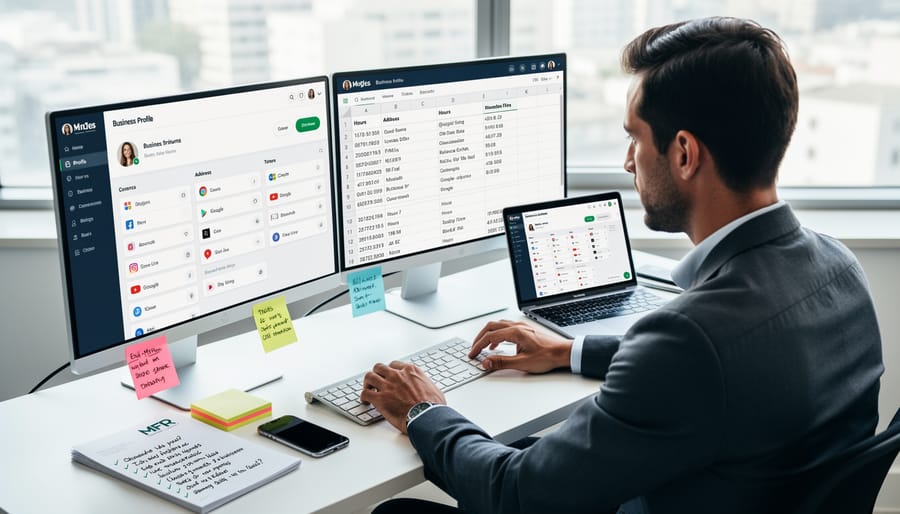 Business owner reviewing contact information on phone and paper documents
