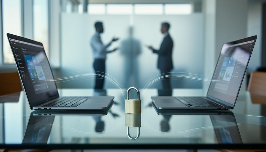Two open laptops on a glass desk facing each other with a small steel padlock between them, soft daylight and light trails implying encrypted data flow, blurred marketing team and glass wall in the background, no visible text.