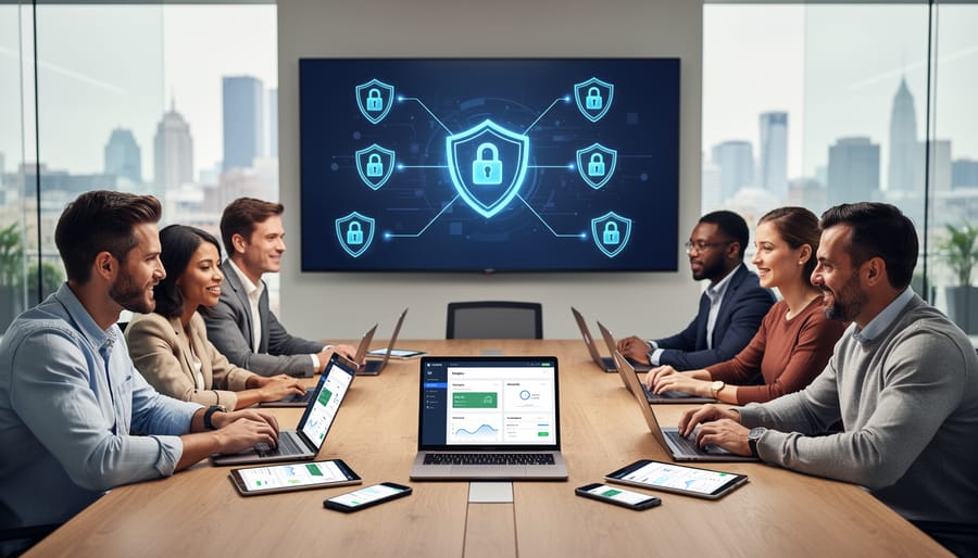 Marketing team collaborating with secure technology in modern office setting