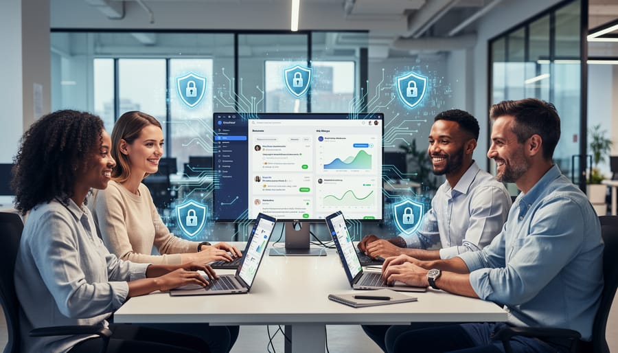 Modern laptop with secure connection display in professional marketing office environment