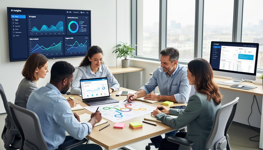 Marketing team collaborating on strategy in modern office environment