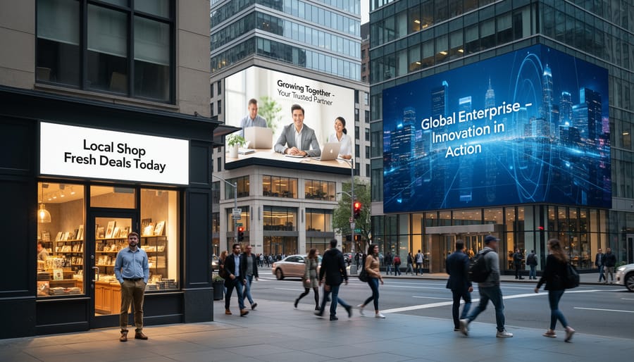 Small business owner standing in front of retail storefront with digital display