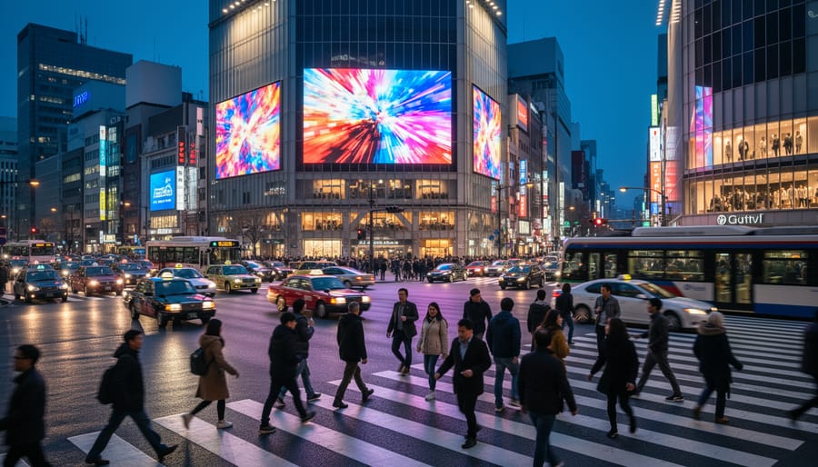 Blue-hour urban intersection from low street level with multiple large digital billboards showing colorful, text-free visuals above pedestrians, cars, and a passing tram, conveying modern programmatic digital out-of-home advertising.