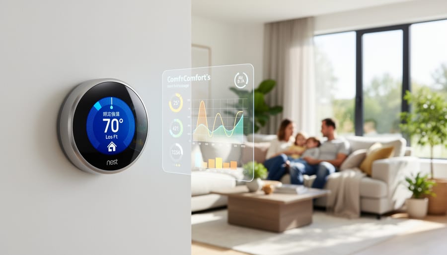 Modern smart thermostat mounted on wall in contemporary home setting