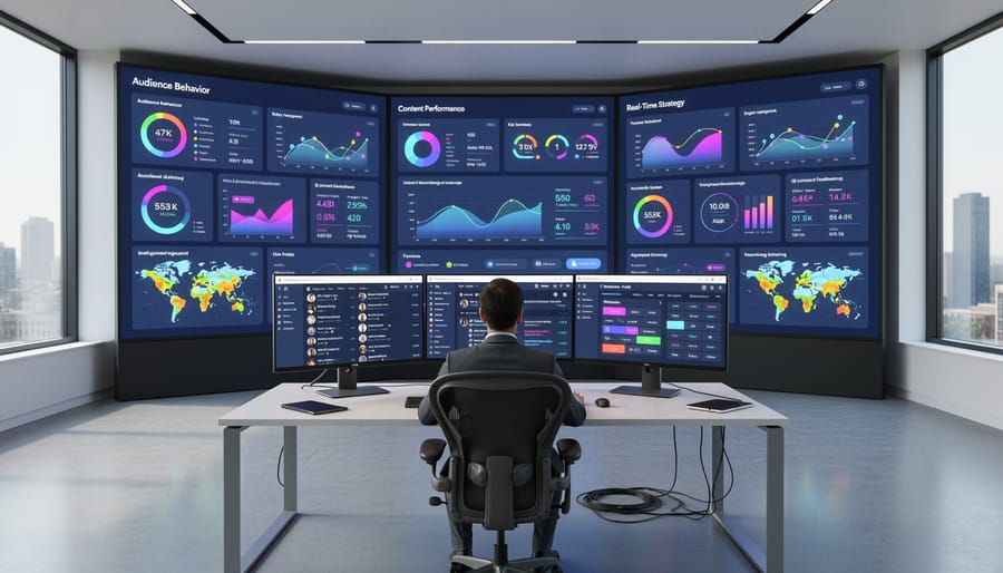 Marketing professional analyzing social media performance data on multiple screens