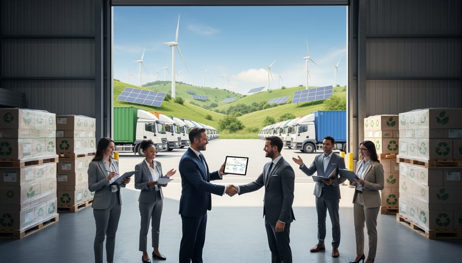 Business professionals shaking hands over sustainable product samples during supplier partnership meeting