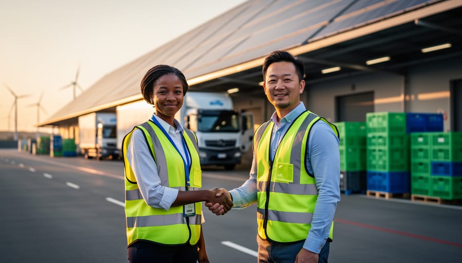Two professionals in safety vests shake hands on a warehouse loading dock with electric trucks loading, solar panels on the roof, stacked reusable crates, and wind turbines in the distance at golden hour