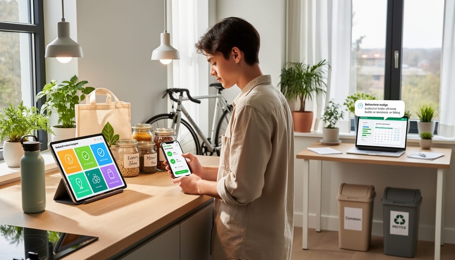Overhead view of person working on laptop surrounded by sustainable lifestyle items on wooden desk
