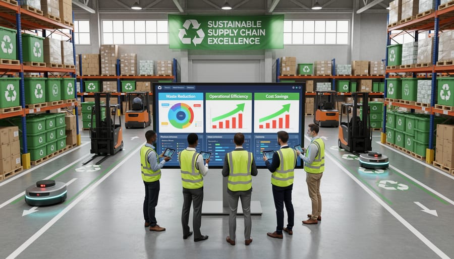 Overhead view of organized warehouse operations with sustainable packaging and efficient material handling