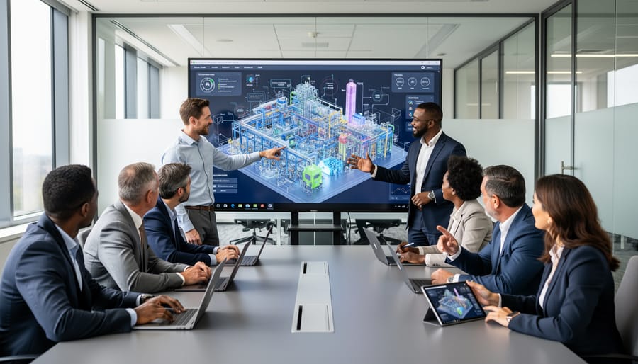 Business team collaborating on digital transformation strategy in modern office