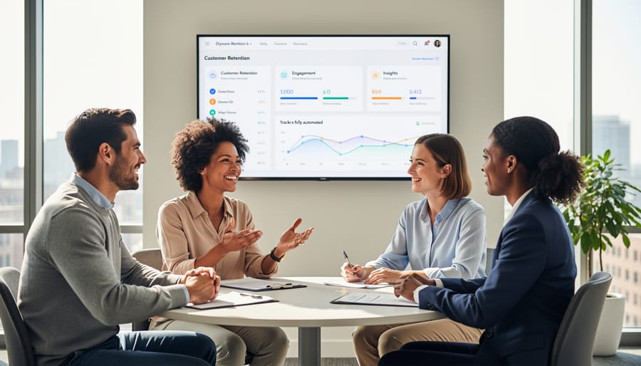 Business team collaborating on customer retention strategies in modern office