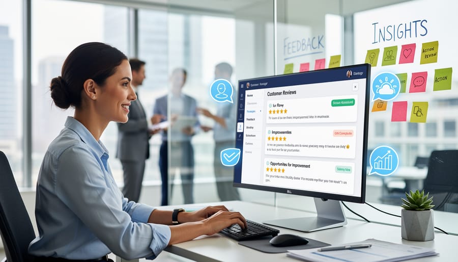 Business team collaborating and discussing customer feedback on laptop